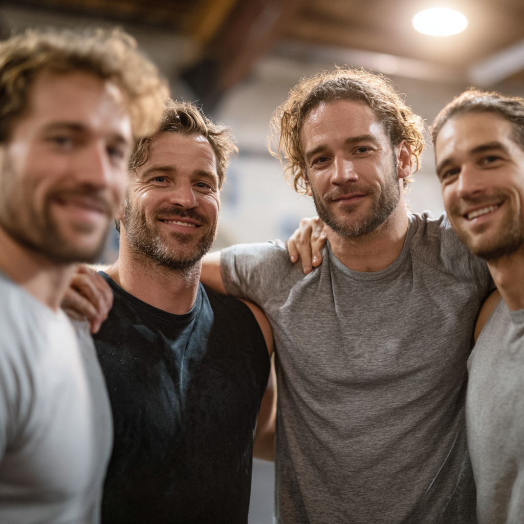 Group of motivated men training together in supportive team environment showing camaraderie and strength