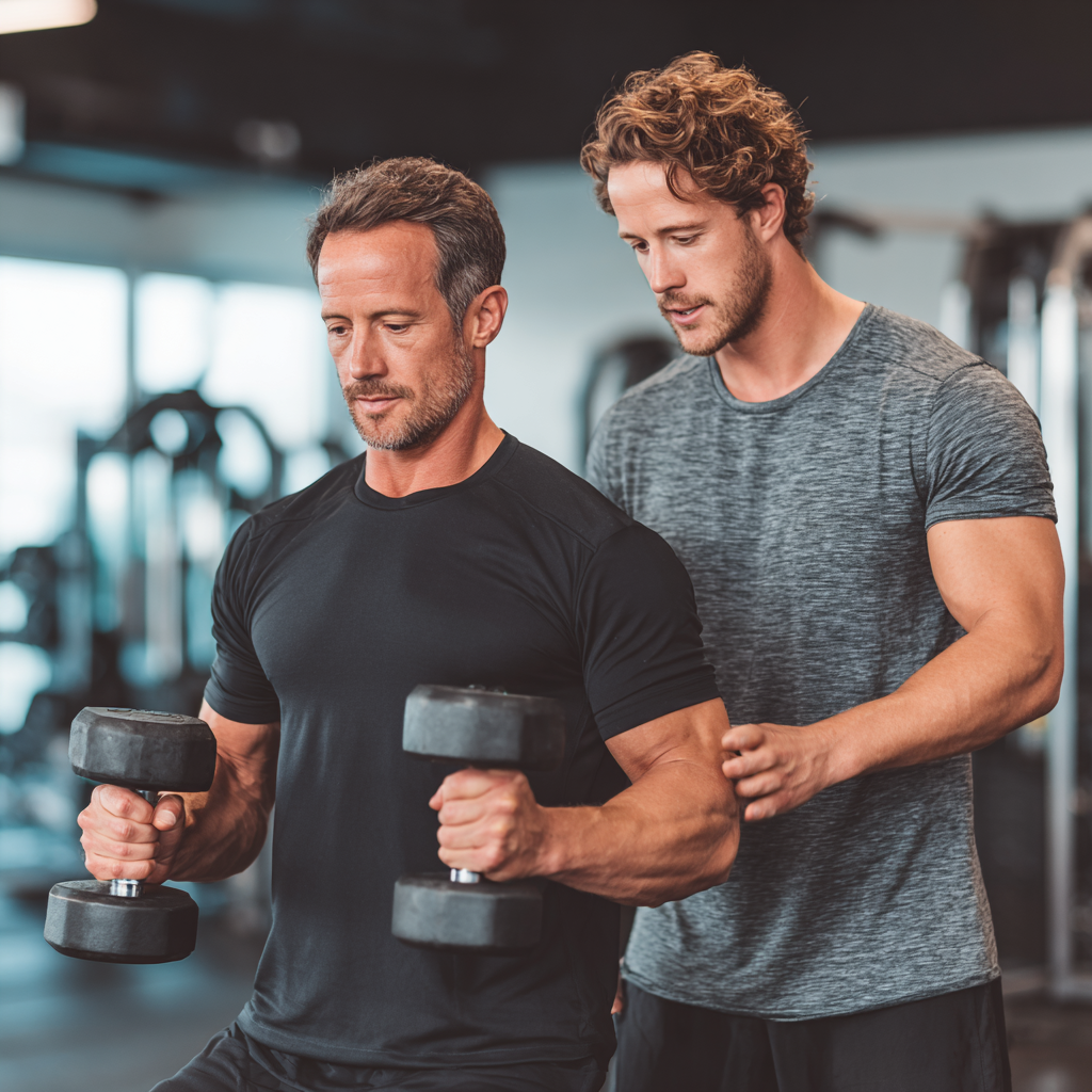 Personal trainer guiding male client through proper exercise technique in professional training environment